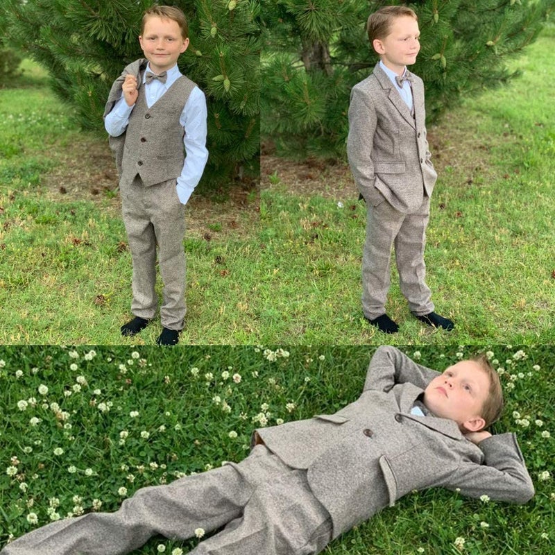 PLwedding Boy's 5 Pieces Tuxedos Toddler Formal Suits Set Kids Slim Fit Suit for Weddings Size 6 Linen - Image 5